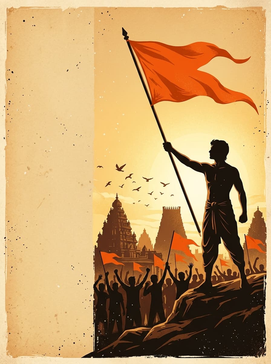 Youth proudly raising the saffron Bhagwa Dhwaj against temple horizon