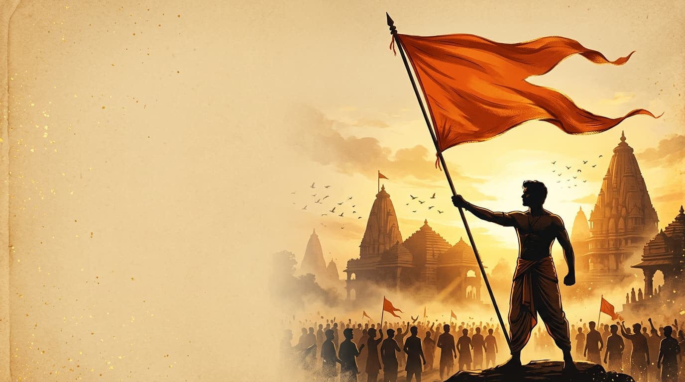 Youth proudly raising the saffron Bhagwa Dhwaj against temple horizon